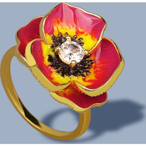 Exquisite 925 Silver Womens Flower Ring Red Epoxy Enamel Jewelry AAAA Zircon Ring Handmade Enamel Ring Jewelry Wedding Rings