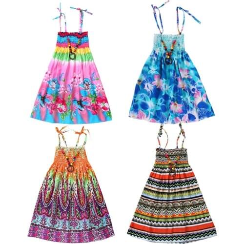 Summer Girls Dresses Bohemian Beach Floral Teen Princess Print Dress For Baby Girls 3-12Yrs Kids Clothing With Vintage Necklace
