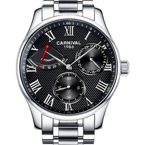 Carvinal Mens Business Multifunction Steel Watchband Automatic Self-Wind Mechanical Watch Wristwatch - silver bezel black dial