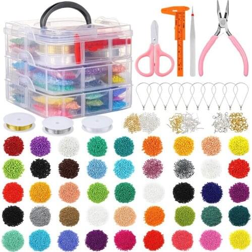 27009 Pieces Glass Seed Beads Kit, Multiple Sizes Craft Seed Beads with Small Pony Beads, Beading Hoop Earring and Other Accesso