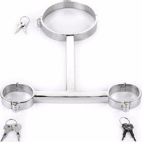 304Stainless Steel T Shape Slave Collar Handcuffs BDSM Bondage Hand Cuffs Sex Toys For Men Women Adult Games Restraints Sex Shop