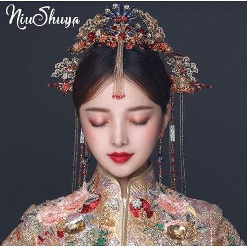 NiuShuya Retro Chinese Phoenix Hair Crown Bridal Headdress Ancient Hairpins Gold Long Tassels Bride Wedding Hair Accessories