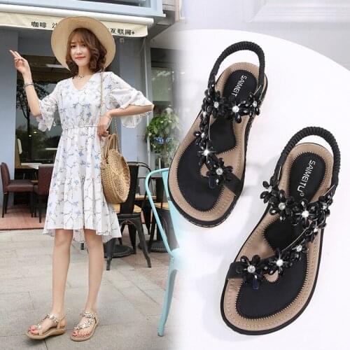 2020 New Ladies Flip-Flops Flower Rhinestone Flat Shoes Thong Ankle Strap Sandals Women Beach Bohemian Elastic Strappy Sandals