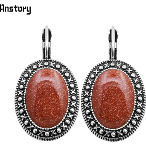 Oval Sequins Golden Stone Earrings For Women Antique Silver Plated Fashion Hook Earring