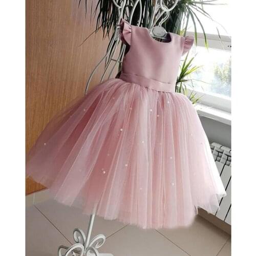 Dresses for Girls Pink Pearl Tulle A Line Dress for Wedding Party V Back Bow Baby Girl Dress