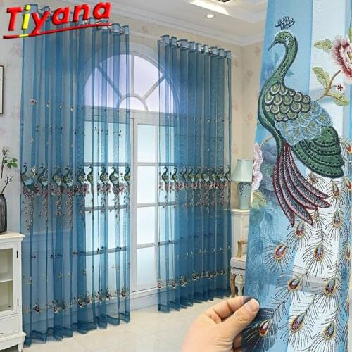 BLUE Phoenix Embroidery Curtains for living Room Floral Luxury Window Drapes for Bedroom European Gorgeous Tulle Voile #VT