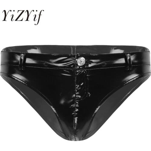 Men Underwear Patent Leather Triangle Briefs Low Rise Zipper Open Crotch Underwear Nightclub party Dance Performance Panties Men