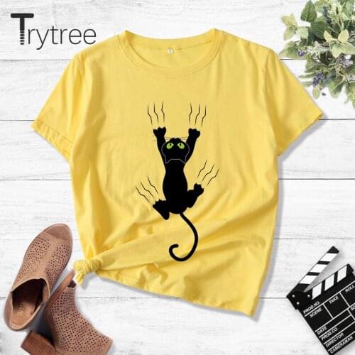 Trytree 2021 Summer Casual Woman T-shirt Polyester O-neck 6 Colours Printed Lovely Kitten Straight Tops For Women Dropshipping