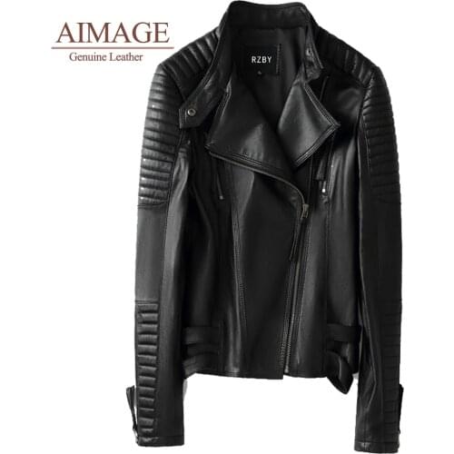 Women real leather veste cuir femme skinsheep overcoats striped style jackets multi zipper motorcycle biker coats soft top PY012