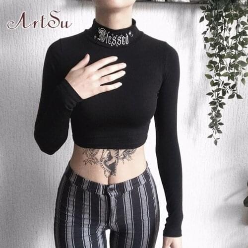 ArtSu Turtleneck Long Sleeve Shirt Women Harajuku Top Lace Up Basic Tee shirt Femme Embroidery Autumn T-shirt Ladies TS52633