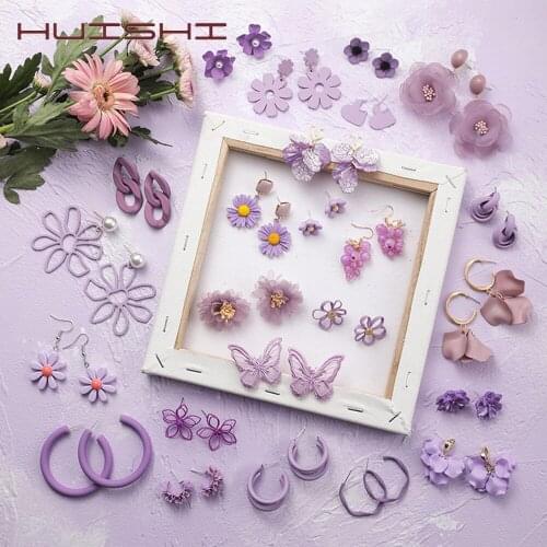 HUISHI Earrings For Women Dangle Acrylic Geometric Hollow Circle Flower Purple Earrings Drop For Women Party Fashion Jewelry
