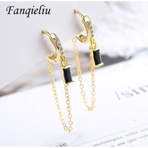 Fanqieliu Charming Chains Black Crystal Charms Hoops Solid Sterling 925 Silver Earrings For Women Luxury Hoop Earrings FQL20283