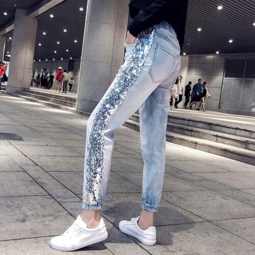Harajuku Harem Pants Women Lace Up Glitter Jeans Denim Trousers Denim Stretch Skinny Blue Jeans Casual Streetwear Pantalon Femme