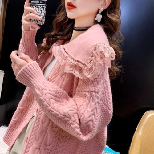 Sweater coat lazy wind thickened womens loose Korean 2021 spring new lace stitching red knitted cardigan