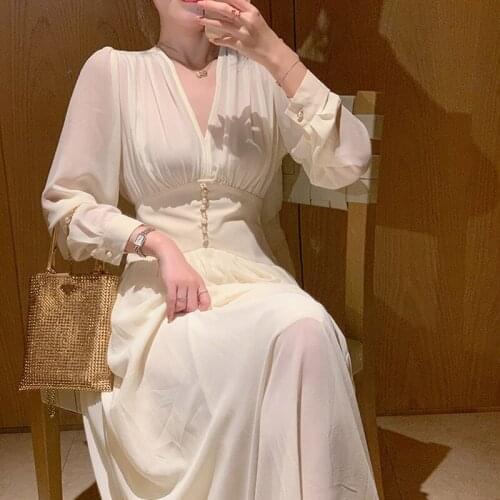 Elegant Dress Women Puff Sleeve Long Sleeve Fairy Party Dress Office Lady Sexy V-Neck Loose Midi Dress 2020 Autumn Clothing Fema