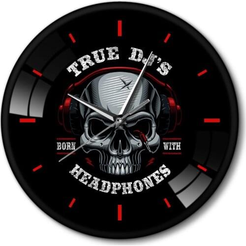 12 inch Horror Hallown True DJS Born With Headphone Wall Clock Black Metal Frame Music Skull Rock n Roll Silent Quartz Saat