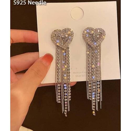 925 Sterling Silver Needle Dangle Drop Earrings for Women Jewelry Heart Rhinestone Statement Female Long Tasssel Earrings