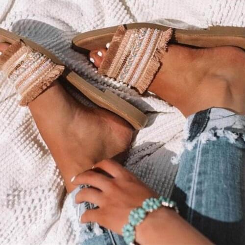 Bohemian Sandals Women Fur Furry Slippers Casual Beach Holiday Sandals Slippers Ladies 2020 Sun Flat Sandals Summer Woman