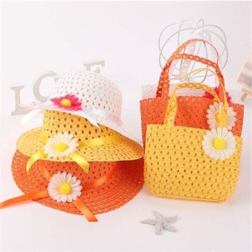 2021 New Summer Beach Hats Bag Set For Children Girls Wide Brim Straw Hat For 3-7 old years Toddler Kids Holiday Bags Hat Set