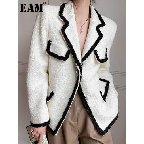 [EAM] Women Vintage White Tweed Blazer New Notched Collar Long Sleeve Loose Fit Jacket Fashion Tide Spring Autumn 2021 1DD4561