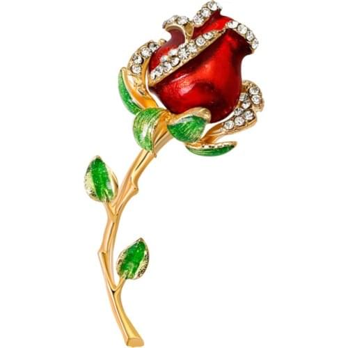OneckOha Enameled Red Rose Flower Brooches Zinc Alloy Rhinestone Pin Valentines Gift Brooch