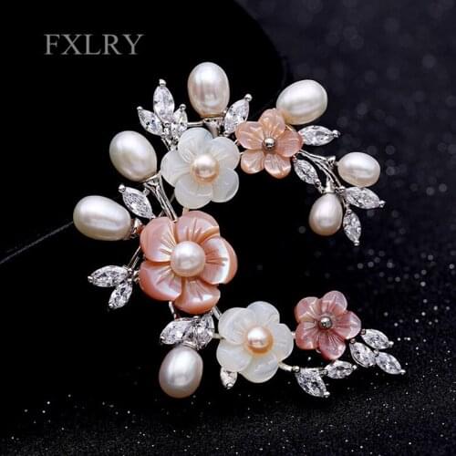 FXLRY Fashion Jewelry Horse Eye AAA Cubic Zirconia Micro Pave Setting Freshwater Pearl Shell Flower brooch for Women Accessories