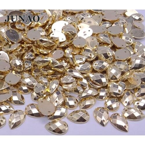 JUNAO 8x13mm 13x18mm Gold Drop Rhinestones Sew On Acrylic Stones Sewing Flatback Strass Golden Crystal Beads for Jewelry Crafts