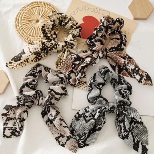 Korean Vintage Snakeskin Leopard Hair Rope Women Cute Pointed Rabbit Ears Bowknot Ponytail Holder Chiffon Decorative Scrunchies