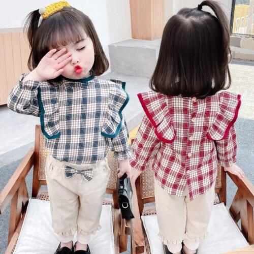 12M-3T Girls Spring Autumn Fashion Suit Baby Kids Children Clothing Set Including Plaid Blouse+pant 2pcs