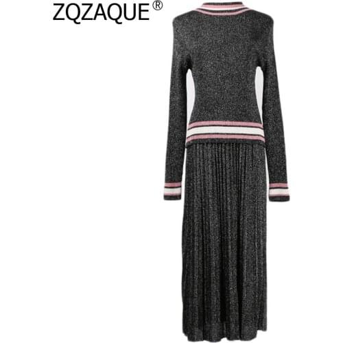 New Fashion Tops+Skrits For Women Fall Winter All-match Bottom Suit Shining Lurex Knit Sweater Elastic Pleated Skirt Sets SY1915