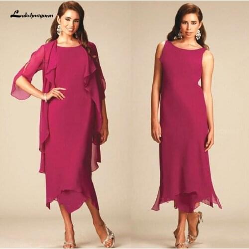 Plus Size Summer Mother Dress With Jacket Tea Length Mother Of The Groom Dress for Weddings Hot Pink Elegant Long Evening Gowns