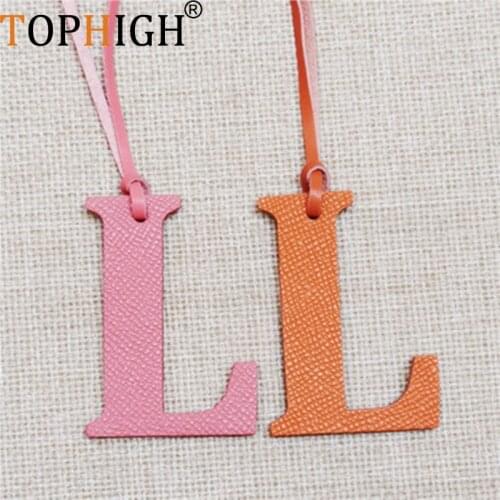 TOPHIGH Hot New Luxury Genuine Natural Leather Initial English Capital Letter L Keychain Backpack Pendant Men Women Bag Charms