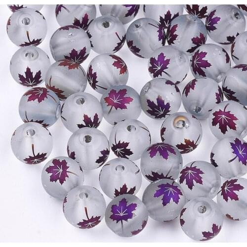 8mm Frosted Electroplate Transparent Round Glass Beads Loose Bead with Maple Leaf Pattern for Jewelry Making Handmade Bracelet