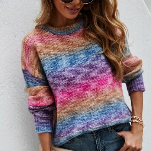 2021 Autumn and Winter New Womens Rainbow Knit Pullover Womens Fashion Round Neck Sweater Casual Color Long-sleeved Top Female