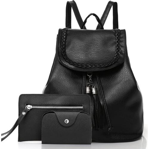 3pcs Women Fashion Backpack Leisure Pattern Solid Color Fringe Backpacks Set Female Students Money Bags Travel Large Capacity