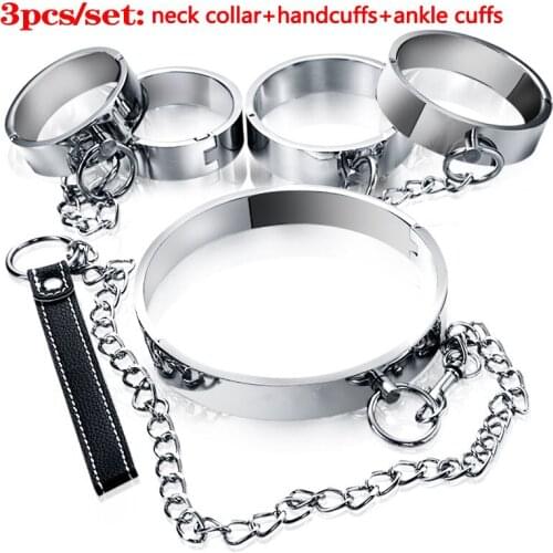 3pcs/Set Metal Neck Collar Handcuffs Ankle Cuffs BDSM Bondage Sex Toys For Woman Slave Restraints Torture Fetish Sex Tools