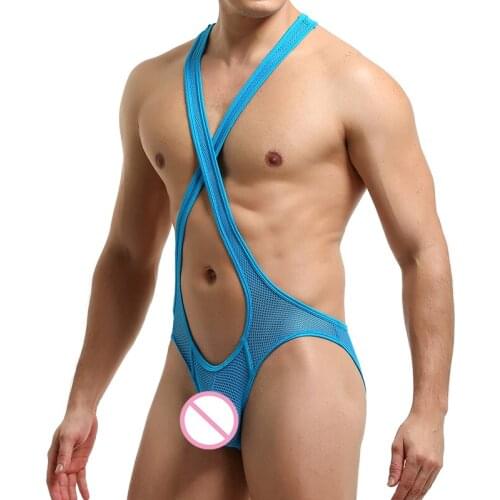 Lingerie Mesh Transparent Bodysuit Jockstrap Sexy Wrestling Singlet Jumpsuit Undershirts Gay Underwear Erotic Open Butt Bodywear
