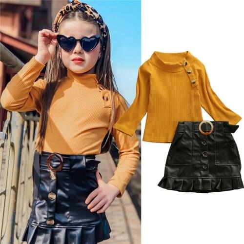 1-6Y Kids Baby Girls Clothes Set 2021 Fall Winter Children Long Sleeve Knit Tops Sweater + Ruffle PU Leather Skirt Girls Outfits