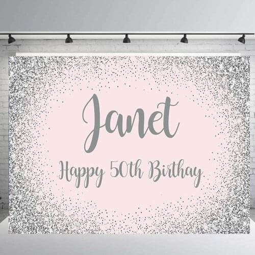 Pink and silver backdrop adults birthday party banner personalised background photography photo booth studio props B-413