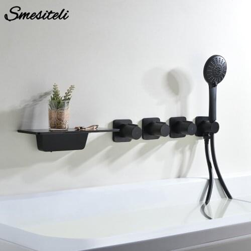 Black Brass Waterfall Outlet Water Handheld Sprayer Cold and Hot Admixer Three Knobs Wall Mounted Bathroom Bathtub Faucet