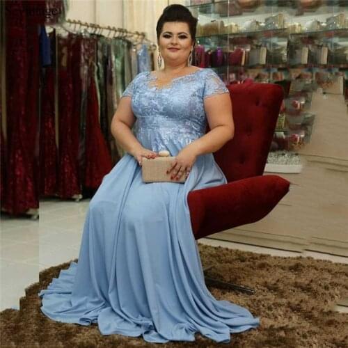 Sevintage Blue Empire Chiffon Mother of the Bride Dress Short Sleeve Lace Wedding Mother Gowns Plus Size vestido de madrinha