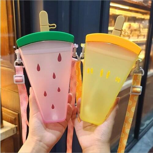 Cute Water Bottles with Straws, 350ml Watermelon Straw Cups, Leakproof Plastic Ice Cream Cups with Strap, Juice Drinking Cup