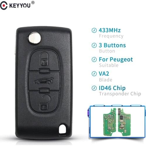 KEYYOU 3 Button Flip Folding car remote key 433Mhz for Peugeot Berlingo 307 407 308 key With VA2 Blade CE0536