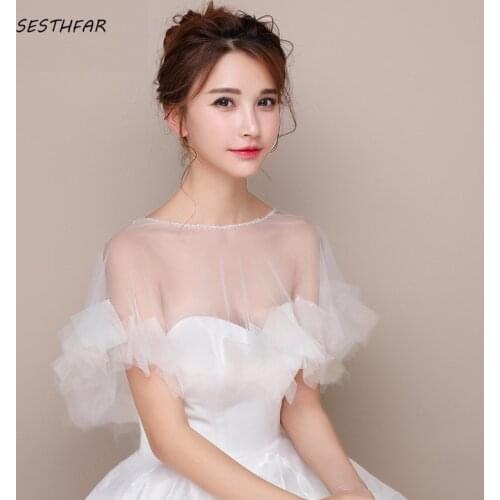 Wedding Cape Shawl Short Women Elegant Tulle Bridal Wraps See Through Organza Ruffle Bridal Bridesmaids Accessories PJ080