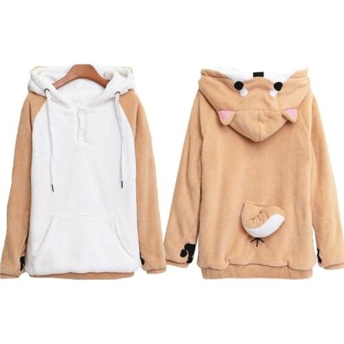 Warm Sweatshirt Plush Akita Hoodie Women Poleron Ear Kawaii Winter Fuzzy Hoodie Japanese Cute Harajuku Streetwear Soft Hoodie
