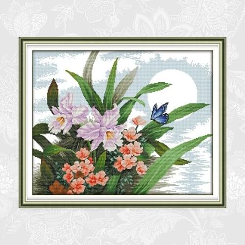 The Moonlight Orchid Embroidery 11CT Printed Fabric 14CT Canvas DMC Counted Chinese Cross Stitch Kits Needlework Home Decor