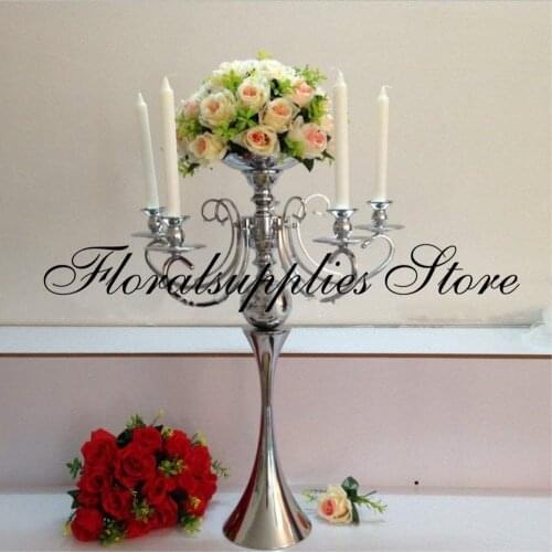 72cm Tall Silver Metal Candle Holder 5-arms Candle Stand with Flower Bowl Wedding Candlestick Candelabra