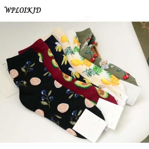 [WPLOIKJD]Korean Fresh Fruits Women Socks Pineapple Cherry Blueberry Lemon Avocado Orange Gardenias Banana Flamingos Plumerias