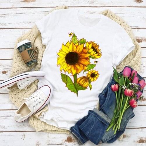 Women Sweet Cartoon Sunflower Floral Flower Lady Summer T-Shirt Shirt Tops Lady Clothes Womens Clothing Tee Lovely T Shirt
