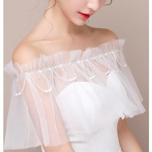 Women Ivory Prom Wedding Bridal Wrap Elegant Beaded Ruffle Shawl with Ribbon and Tassel Sexy Sheer Tulle Off the Shoulder Stole